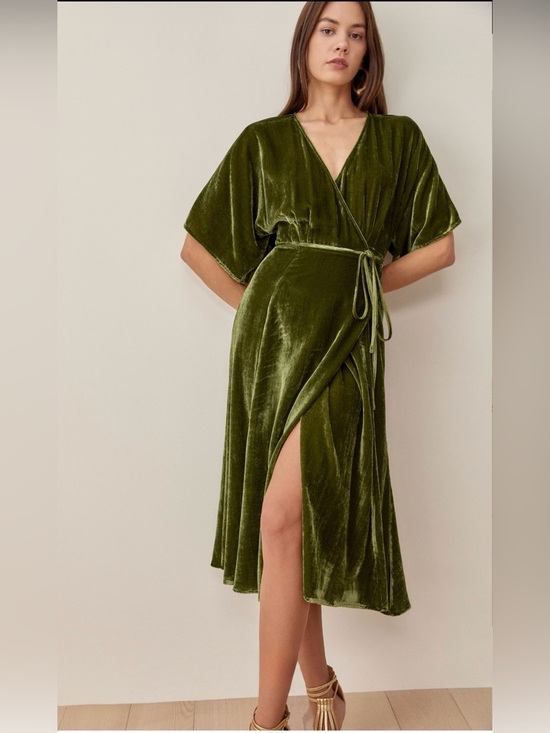 Reformation Dresses & Skirts - Reformation Analynne Velvet Wrap Dress Artichoke Green Midi High Slit